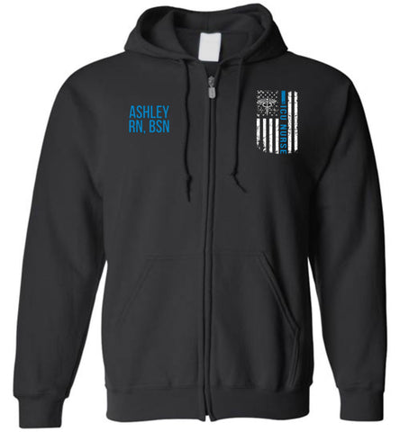 Ashley RN, BSN ER Nurse Flag Zipper Hoodie Blue
