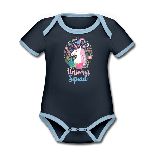Unicorn Squad Organic Contrast Short Sleeve Baby Bodysuit - navy/sky