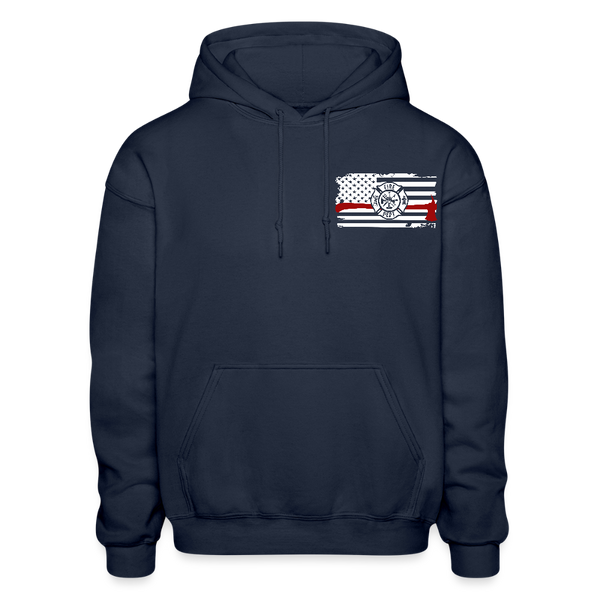 My Favorite Firefighter Calls me Mom Gildan Heavy Blend Adult Hoodie  (Front and Back) - navy