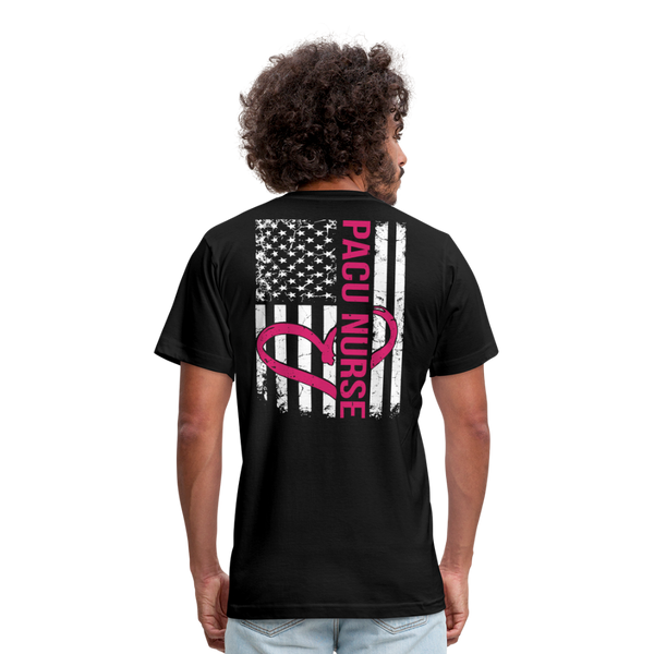 PACU Nurse Flag Pink Heart Unisex Jersey T-Shirt by Bella + Canvas - black