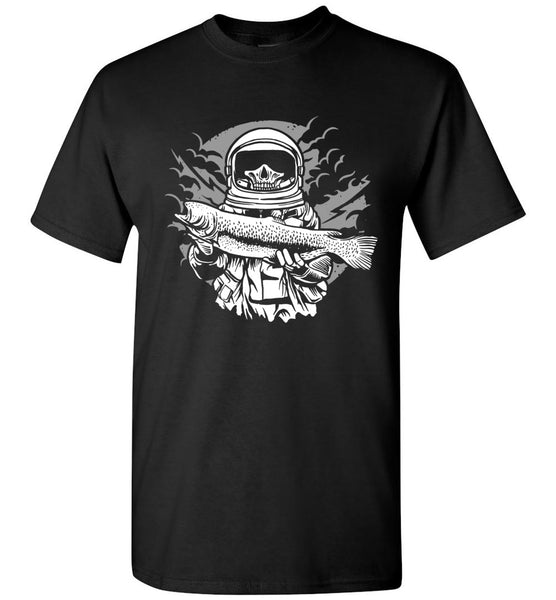Astronaut Fisherman Shirt Holding Trout Pop Culture Novelty Fishing Tshirt