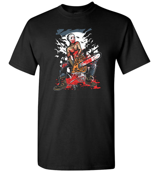 Chainsaw Killer Shirt - Serial Killer At Gruesome, Bloody Crime Scene With Chain Saw Tshirt