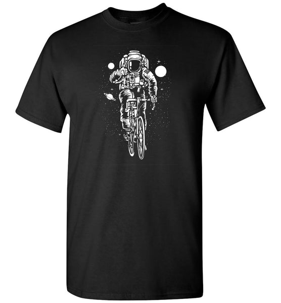 Astronaut Bicycler With Planets And Stars Behind Him Novelty Pop Culture T-Shirt