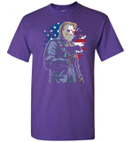 American Killer in Scary Hockey Mask Wearing Gloves And Mask With American Flag On Jacket And In Background Tshirt