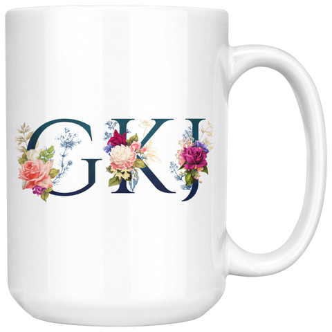 GKJ FLOWER INITIALS 15 OZ WHITE COFFEE MUG