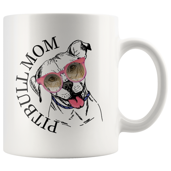 Pitbull Mom 11 oz White Coffee Mug - Cute Pitbull Wearing Gun Glasses