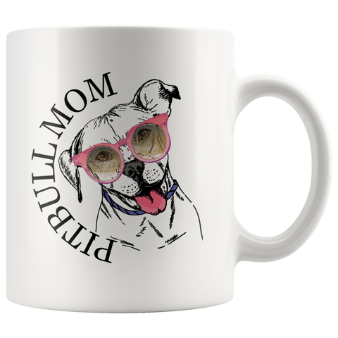 Pitbull Mom 11 oz White Coffee Mug - Cute Pitbull Wearing Gun Glasses