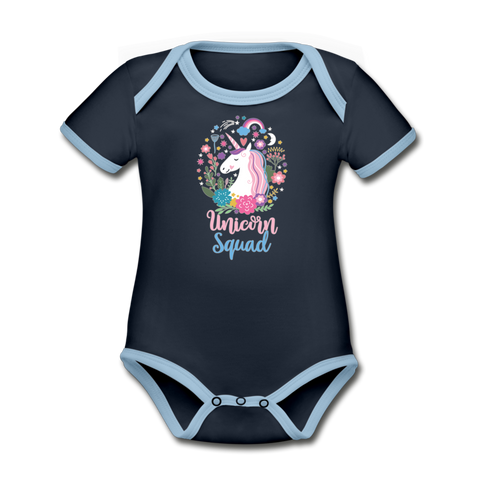 Unicorn Squad Organic Contrast Short Sleeve Baby Bodysuit - navy/sky