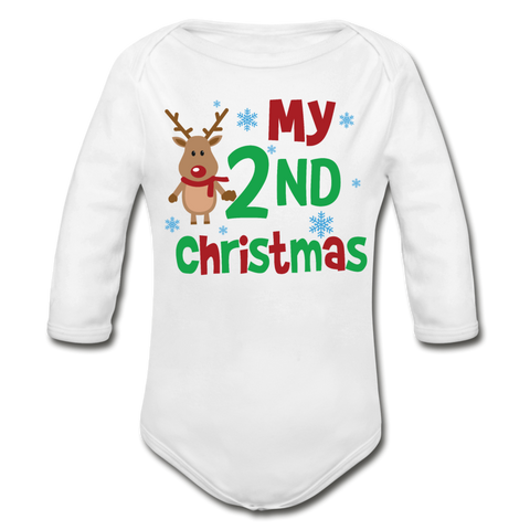My Second Christmas Organic Long Sleeve Baby Bodysuit - white