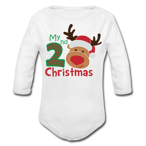 My Second Christmas Organic Long Sleeve Baby Bodysuit - white