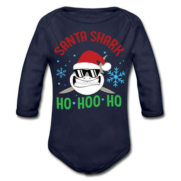 Santa Shark Organic Long Sleeve Baby Bodysuit - dark navy