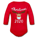 Masked Reindeer Christmas 2020 Organic Long Sleeve Baby Bodysuit - red