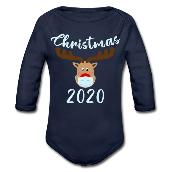 Masked Reindeer Christmas 2020 Organic Long Sleeve Baby Bodysuit - dark navy