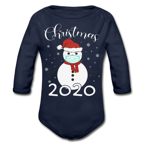 Masked Snowman 2020 Organic Long Sleeve Baby Bodysuit - dark navy