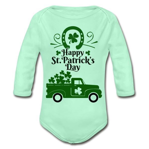 Happy St. Patrick's Day Organic Long Sleeve Baby Bodysuit - light mint