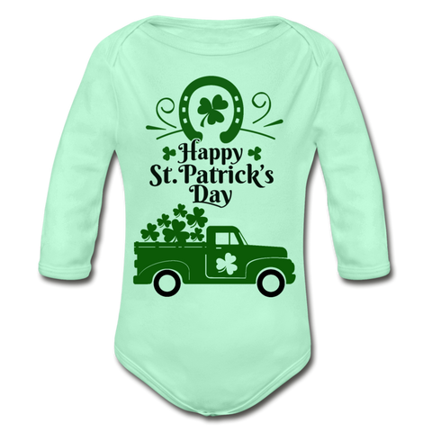 Happy St. Patrick's Day Organic Long Sleeve Baby Bodysuit - light mint